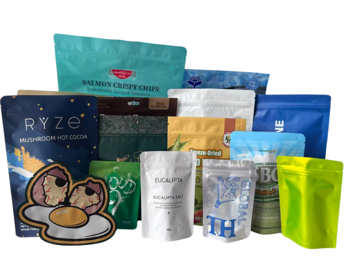 Collection of colorful custom-printed stand-up pouches produced by SF Packaging