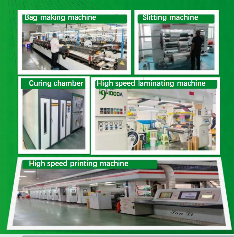 Collage of SF Packaging production equipment: bag making machine, slitting machine, curing chamber, high-speed laminating machine and high-speed printing machine